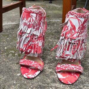 Banana Republic Red and White Patterned Fringe Heels